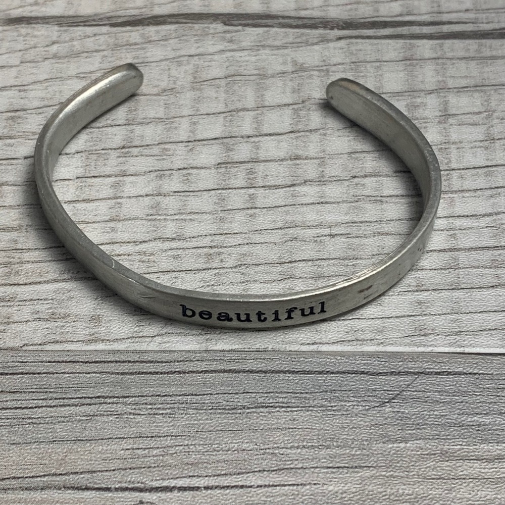 Pewter Beautiful Stamped Cuff Bracelet Inspirational Minimalist Silver Tone